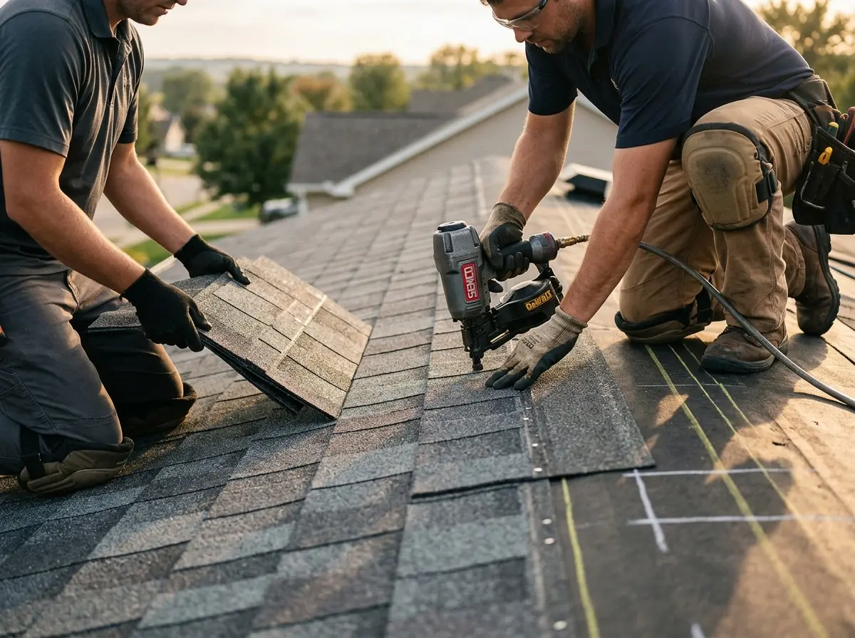 Professional roofer working on a residential roof in Mack